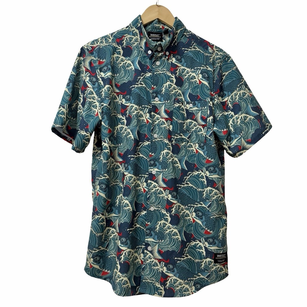 WeSC Oden Koi Short Sleeve Button Down Shirt Mens Size S Blue Aquatic Coastal